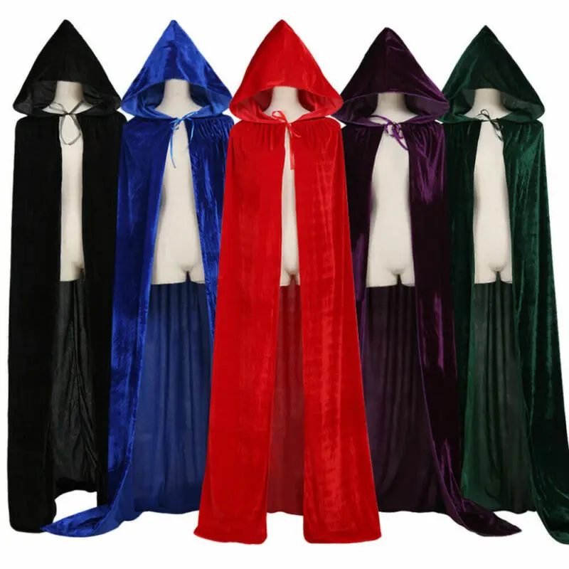 Adulto Halloween velluto mantello mantello con cappuccio Costume medievale strega Wicca vampiro uomo donna costumi spaventosi