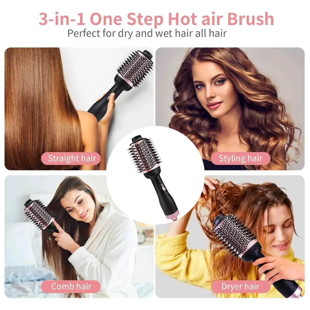 One Step Hair Dryer & Volumizer Hot Air Paddle Styling Brush Negative Ion Generator Hair Straightener Curler Hot Air Brush Comb