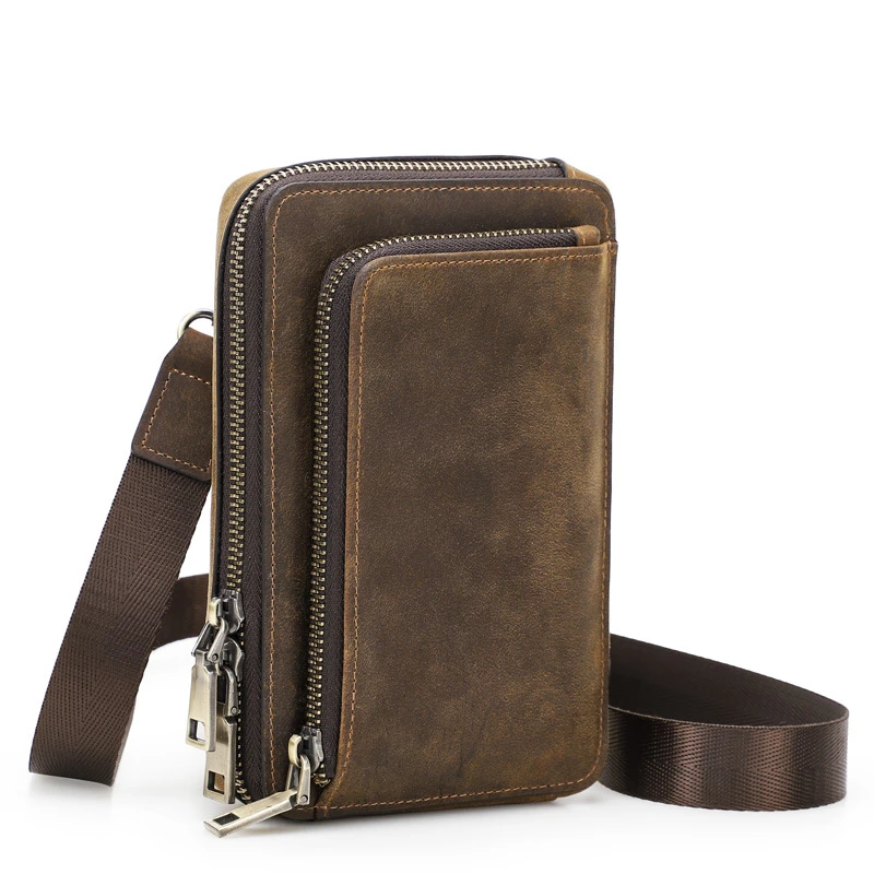 

Men's Crossbody Bag Genuine Leather Shoulder Sling Bag Small Messenger Waist Pack Multifunctional Long Wallet for Men