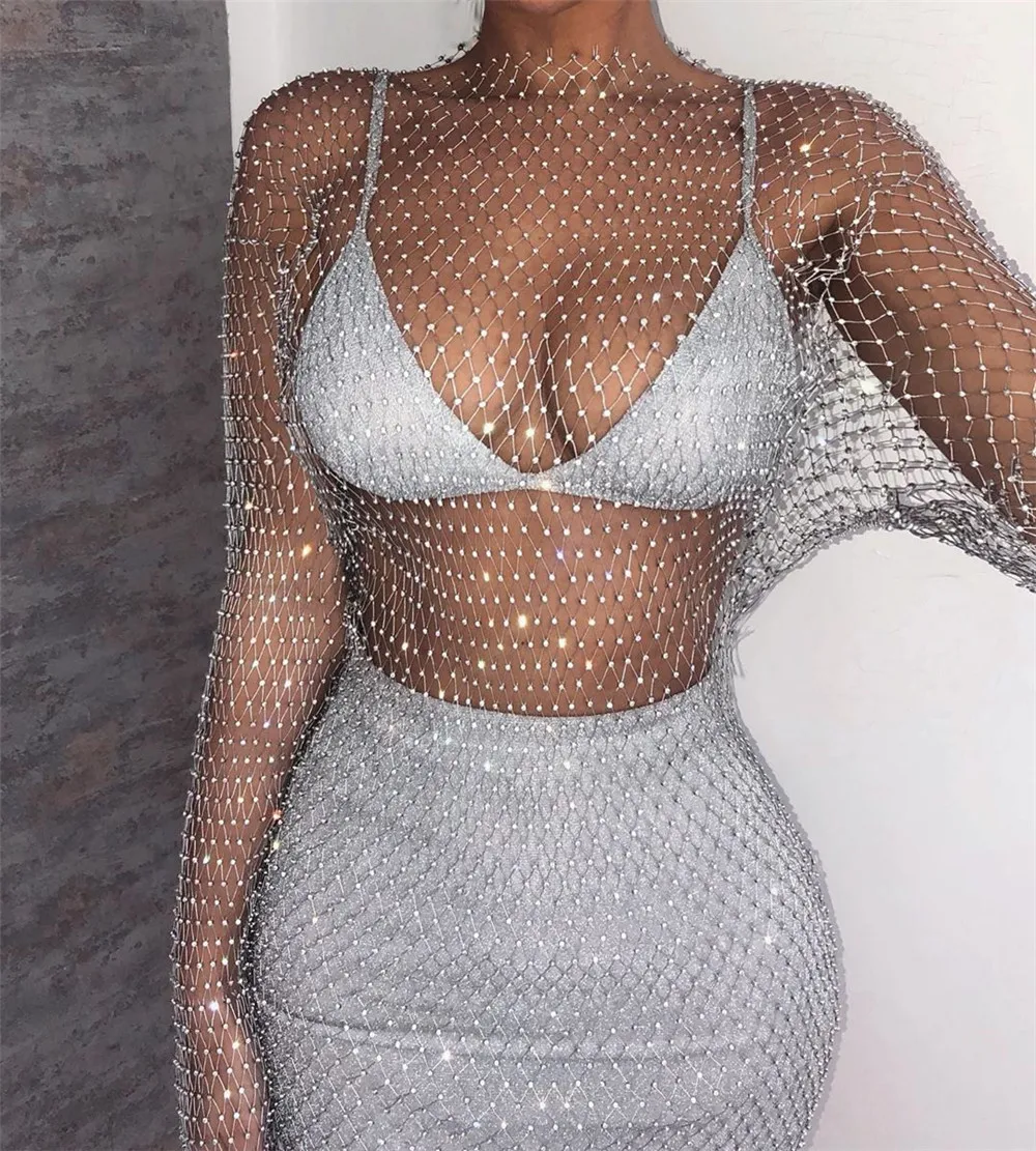 

BKLD Sexy Diamond Dress Women Hollow Out Bodycon Mini Dress Summer Fishnet Mesh See Through Shiny Dress Beach Wear 2024 Party