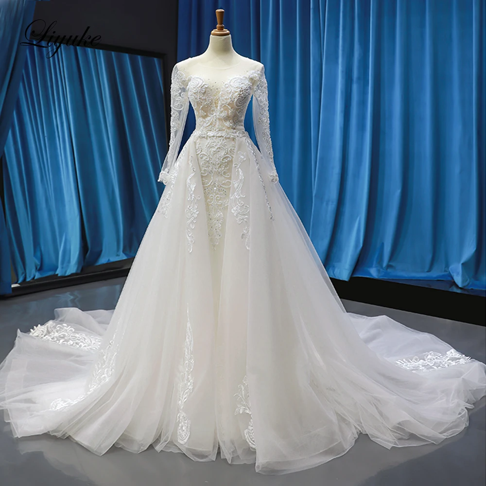 

Liyuke Ivory 2 in 1 Mermaid Wedding Dress With Detachable Train Gorgeous Full Sleeve Corset Bridal Dress