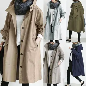 2020 여성용 단색 포켓 후드 바람막이, 롱 트렌치 코트, 아우터, 여성 의류, 가을