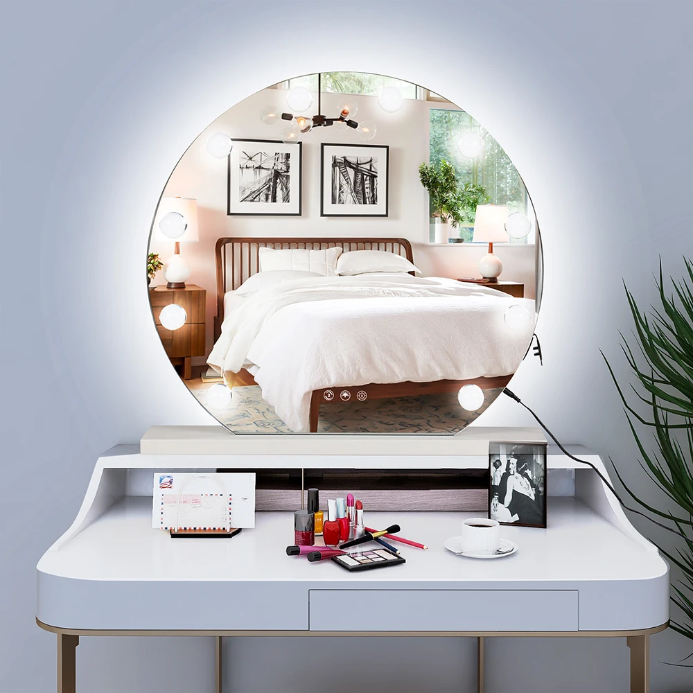 Round Hollywood Desktop Mirror Makeup Mirror with Frame  12 Bulbs-White Square Base