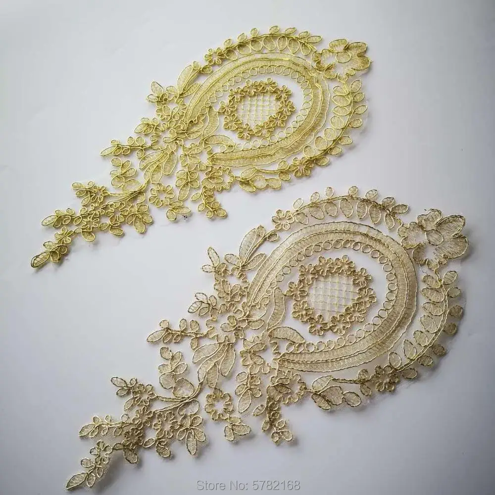 2Pcs/30X14cm Light Gold Pink Pineapple Flower Venise Flower Lace Applique Trim Wedding Dress Sewing Lace Patch