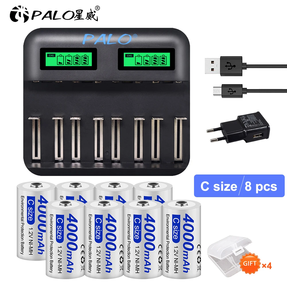 Palo C D Size Rechargeable Batteries NiMh+USB Fast Charge Battery Charger LCD Light NiMh C D Rechargeable Battery 4000mAh