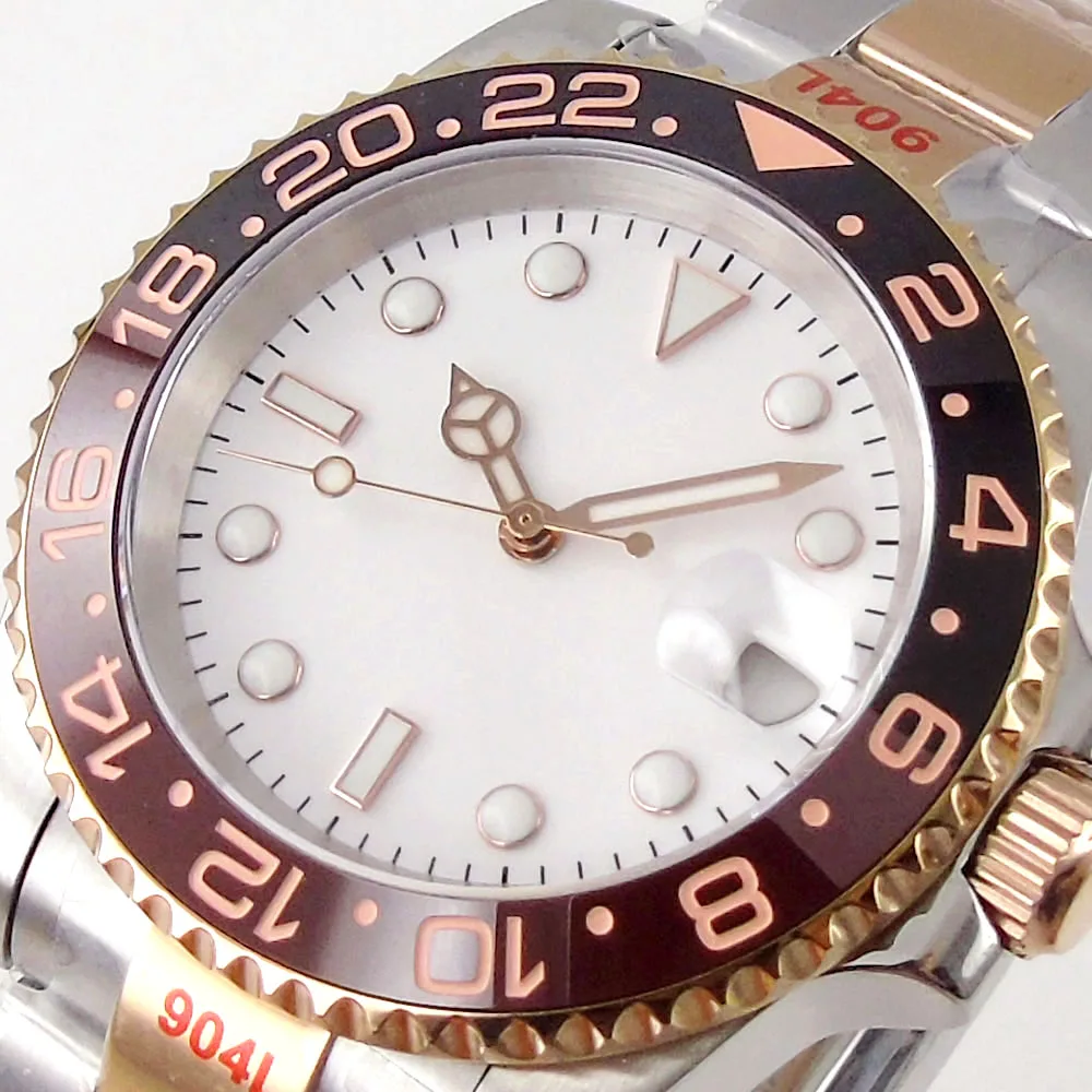 BLIGER White NH35A PT5000 Two Tone Rose Gold 40mm Automatic Men Watch Steel Band Root Beer Insert Sapphire Crystal Slide Lock