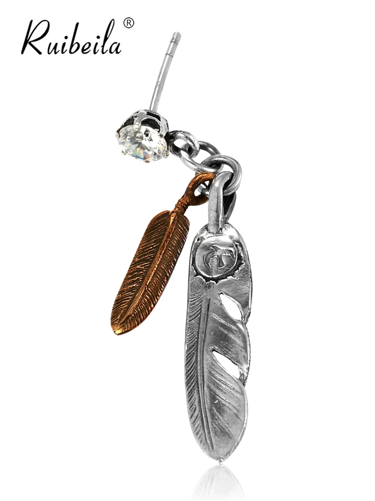 Ruibeila mode hommes punk plume boucles d'oreilles gland pendentif 925 boucles d'oreilles en argent rock cadeau à la mode