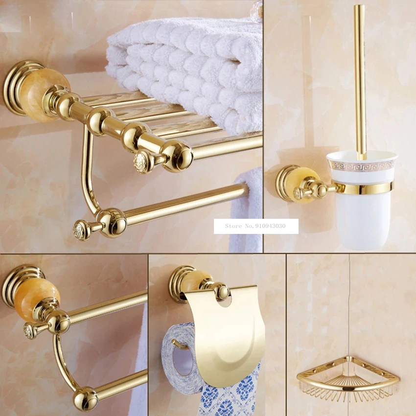 

5 in 1 Gold Polish Stainless Steel Wall Mounted Bath Bathroom Sets Towel Rack Storage Cloth Shelf Towe Bar Toilet Brush Holder