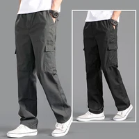 Nuevos pantalones Cargo para hombre, ropa holgada recta de talla grande, ropa de trabajo versátil gris sólido, pantalones negros para correr, pantalones informales de algodón para hombre