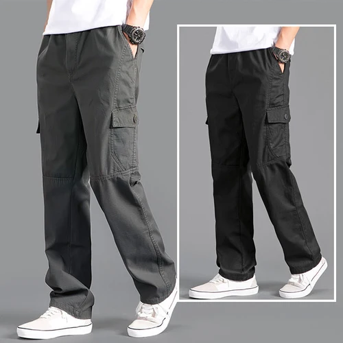 Nuevos pantalones Cargo para hombre, ropa holgada recta de talla grande, ropa de trabajo versátil gris sólido, pantalones negros para correr, pantalones informales de algodón para hombre