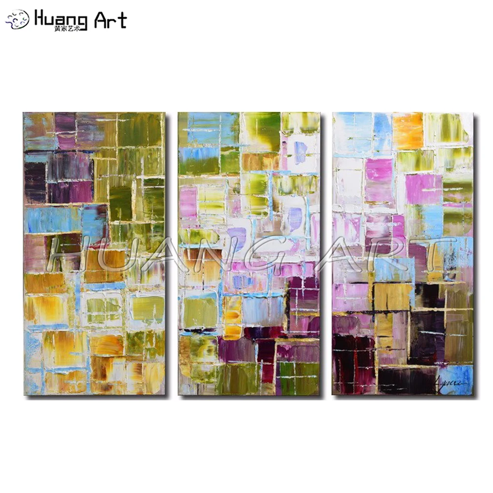 

3pcs Group of Paintings Hand-Painted Colored Squares Abstract Oil Painting on Canvas for Room Wall Decor Knife Abstract Painting