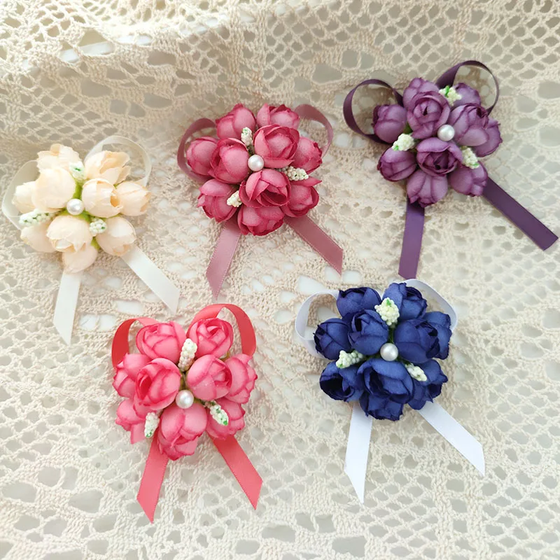 Ramillete de flores de muñeca para novia, pulseras de boda para damas de honor, flor de marfil, accesorios de Boutonnieres, decoración de matrimonio, rosas de seda