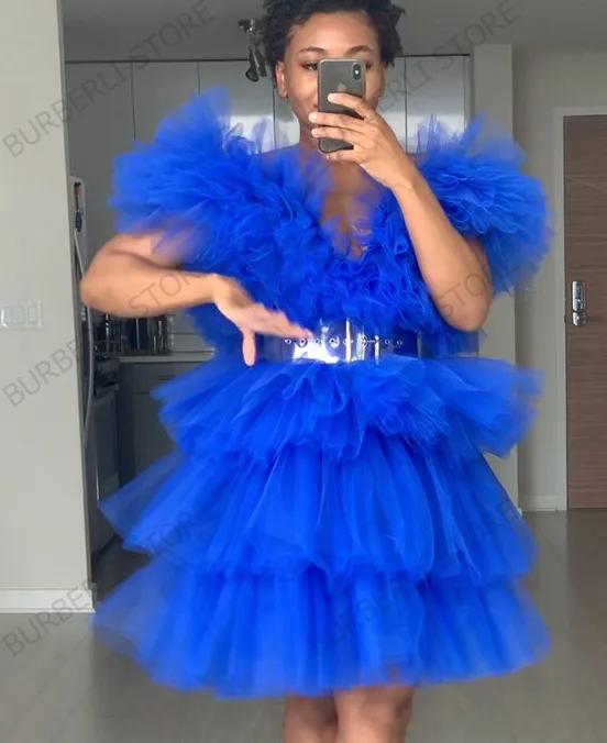 Sexy Deep V Neck Tiered Tulle Summer Dress For Women Short Ruffles Tutu Dress Female Plus Size Vestidos Custom Made