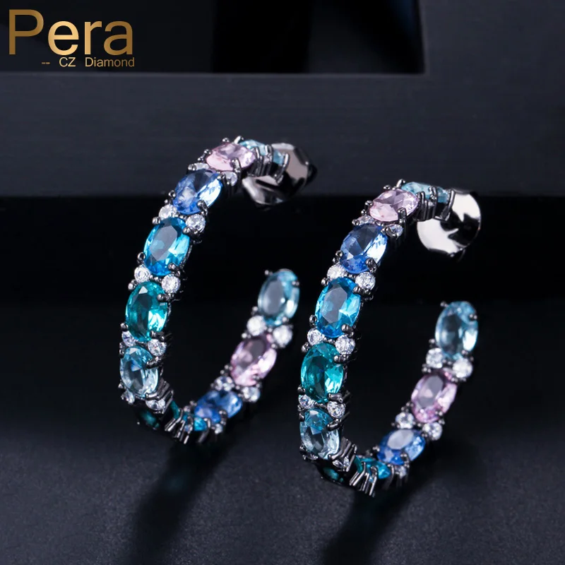 Pera Oval Light Bule Cubic Zirconia Black Gold Plated Rainbow Mystic Big Circle Round Hoop Earrings Jewelry for Women E409