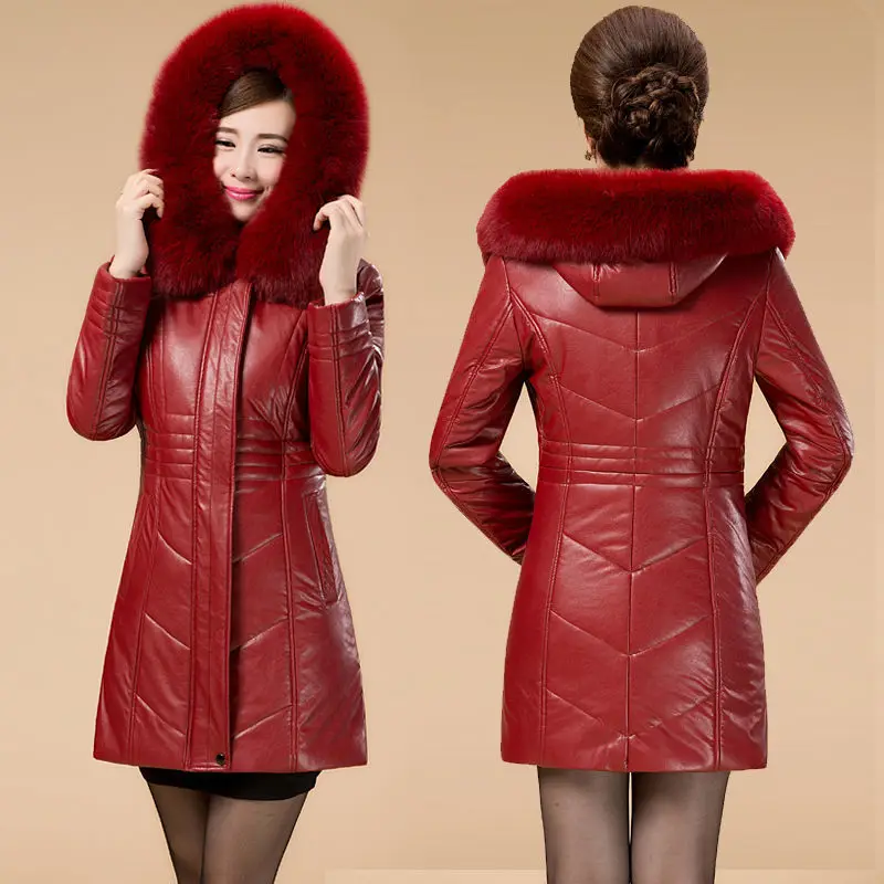 PU Leather Jacket Winter Women Coat Zipper Fur Collar Thicken Cotton Warm Hooded Coat Pu Leather Middle-aged Women Parkas R1636