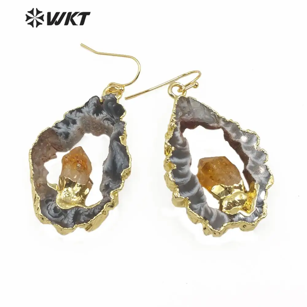 WT-E609 WKT Special Design Irregular Shape Druzy Geode Crystal Earrings Women Fashion Jewelry Gold Electroplated Stone