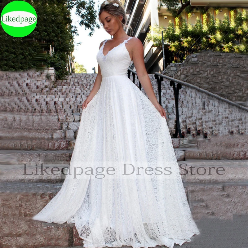 빈티지 레이스 비치 웨딩 드레스 2020 Vestidos 드 Novia 섹시한 신부 가운 Backless 간단한 Boho 가운 Mariage 여성을위한