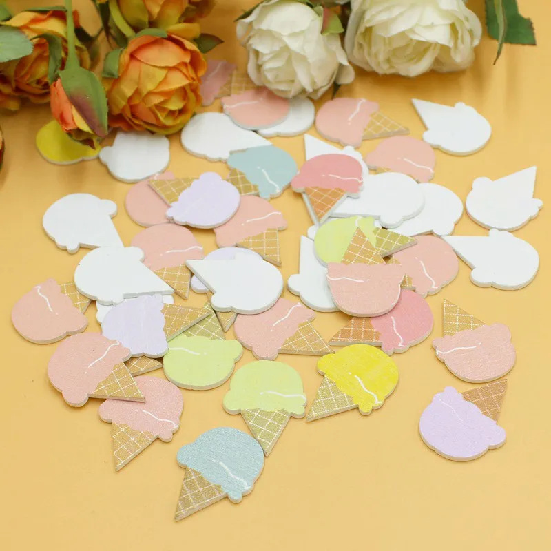 50Pcs/Lot no Holes Cute Mix Colors Ice cream wood chip buttons for craft DIY Accessories wooden buttons