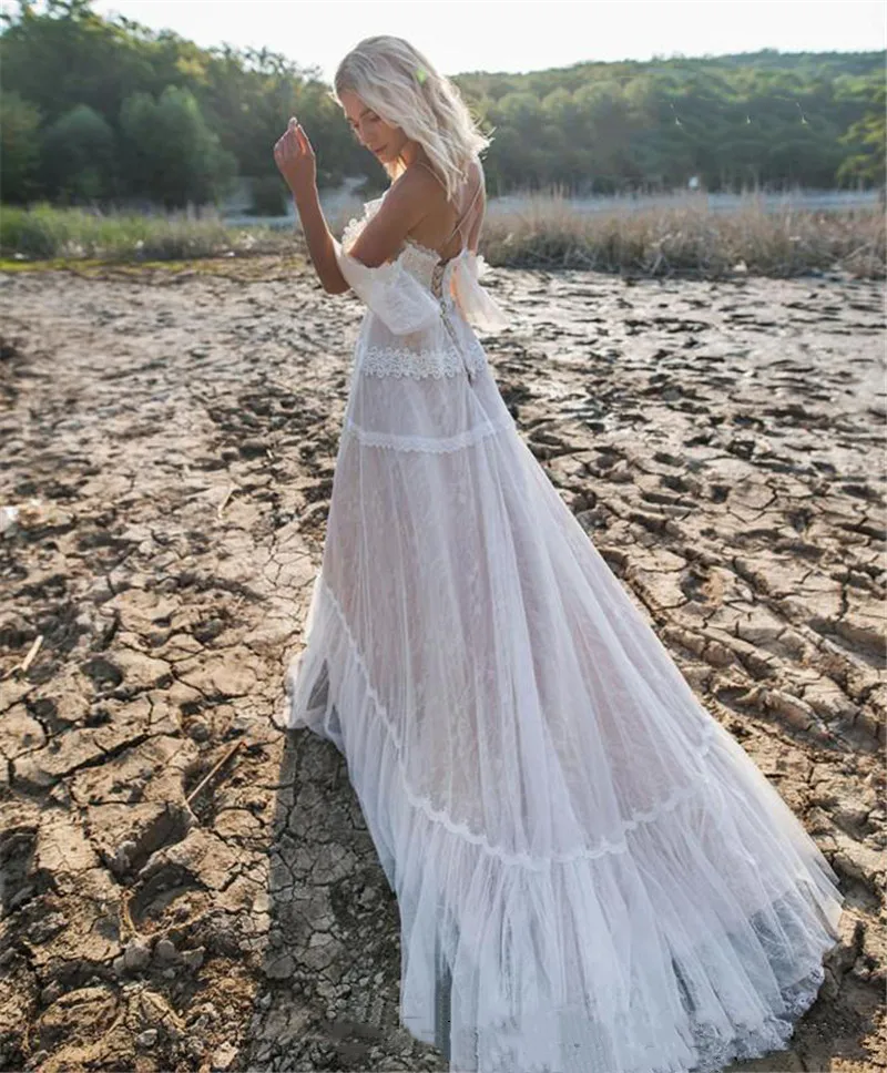 Suknie ślubne w stylu Boho 2022 Off ramię linia koronkowa Appliqued Boho weselny suknie sznurowania Plus rozmiar suknie ślubne na plażę