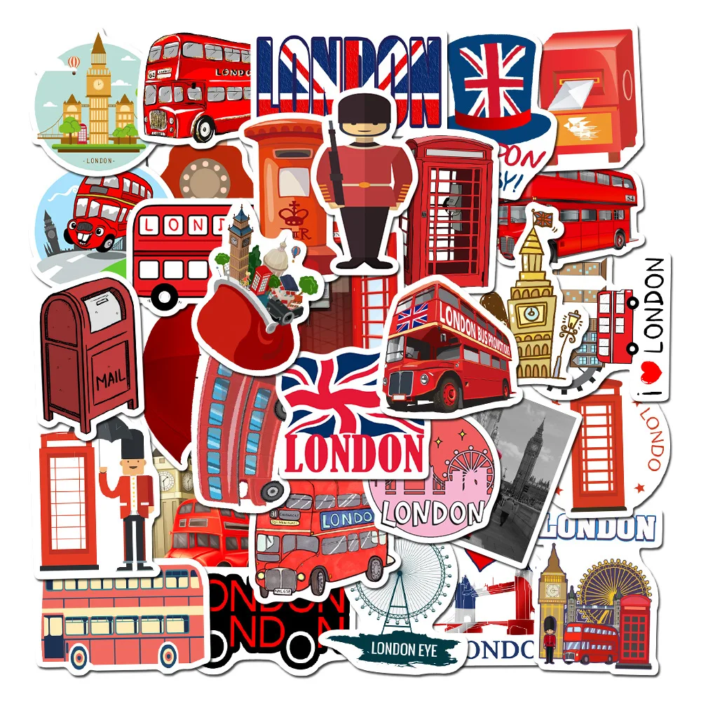 10/30/50PCS classic red bus phone booth, London, England, red laptop suitcase phone sticker decoration boy toy wholesale