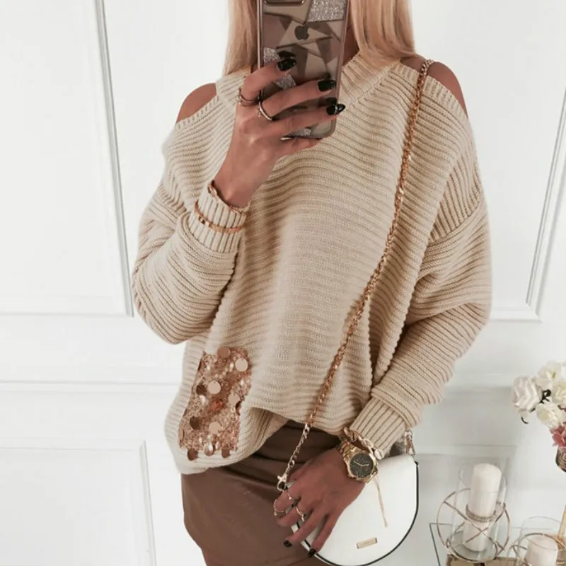 New Women Bead Sequins Pockets Sexy Loose Sweater Round Neck Off Shoulder Knitted Sweaters Autumn Winter Clothes Sueter Mujer