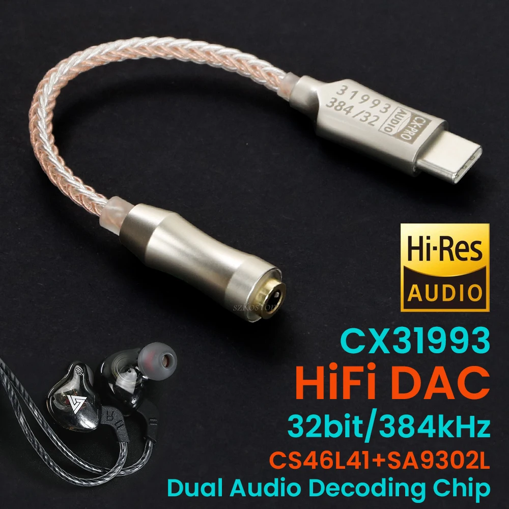 CX31993 USB Type-C do 3,5 mm interfejs audio Wzmacniacz słuchawkowy HiFi DAC Wzmacniacz dźwięku słuchawek 32bit 384 kHz Adapter audio