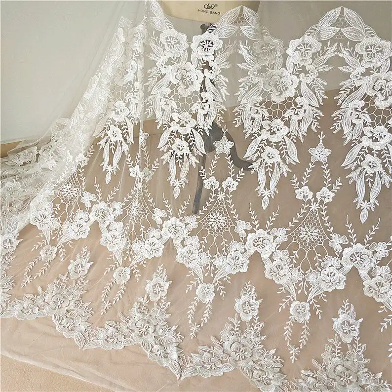 Luxury Embroidered Flower Lace Fabric With Sequins For Bridal Gowns, Wedding Dress, DIY Cloth