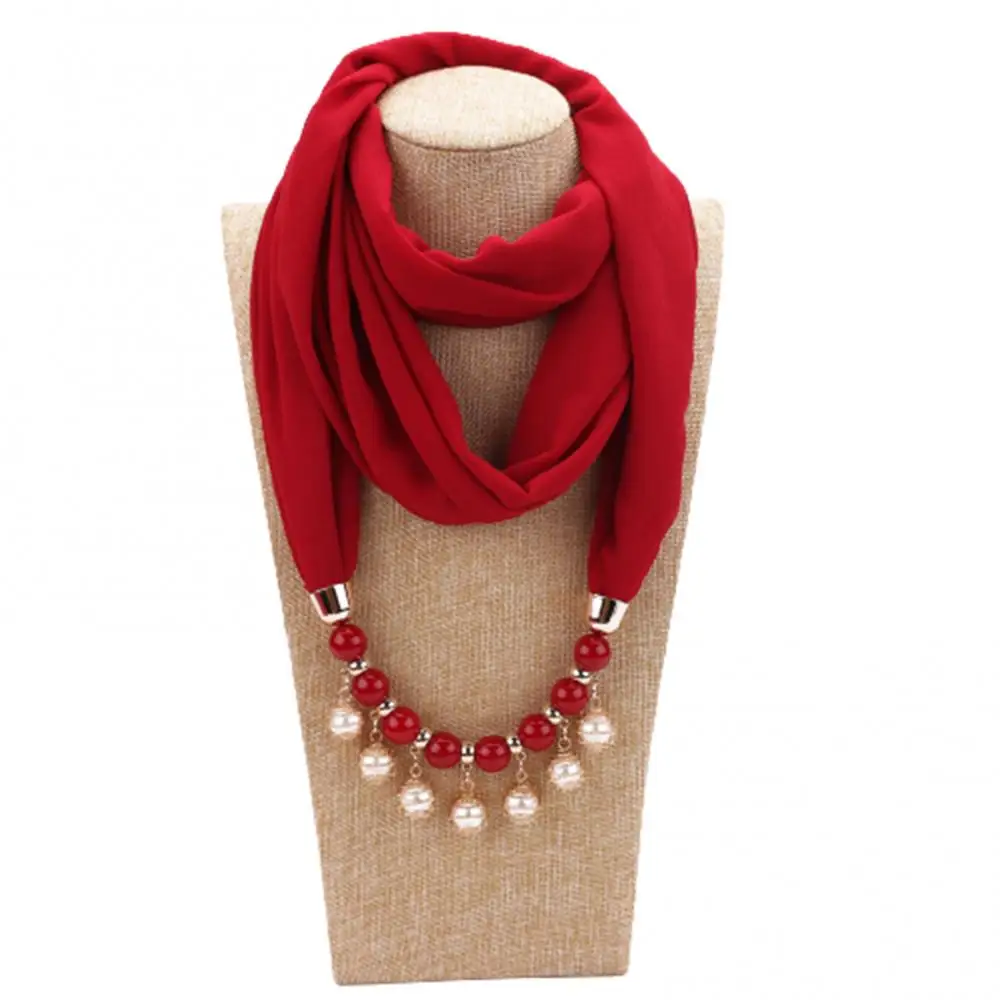 Scarf Women Chic Necklace For Female Fashion Pearl Jewelry Necklace Chiffon Scarf Solid Color Scarves