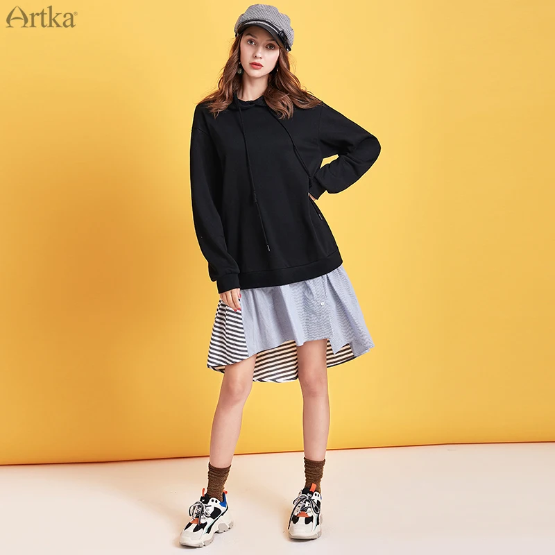 

ARTKA 2015 Autumn Winter New Women Dress Fashion Hooded Patchwork Dresses Loose Casual Long Sleeve Dress For Women ZA15097D