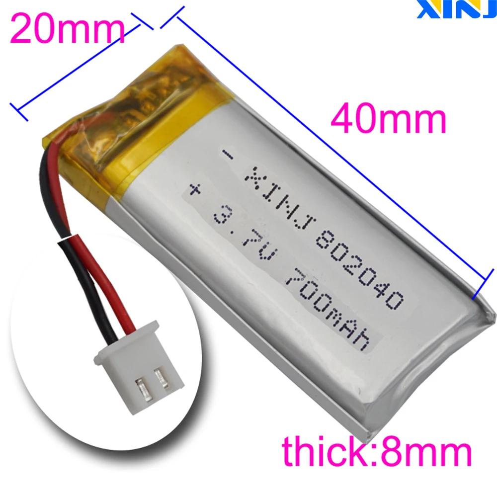 Batería de polímero Li de 3,7 V, 700 mAh, 2,59 Wh 802040   Conector Lipo JST de 2 pines 2,54 para GPS, cámara de coche Sat Nav, grabadora de conducción, luz LED