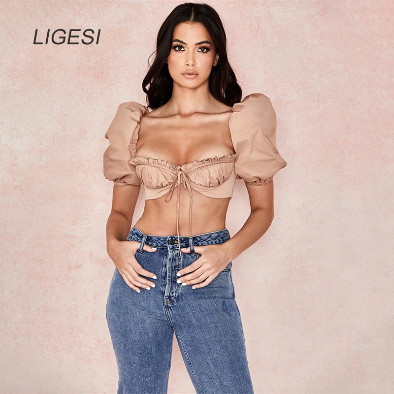 

Vintage Square Collar Ruffles Women Top and Blouse Shirts Sexy Backless Crop Tops Puff Sleeve Blusas Mujer De Moda 2020