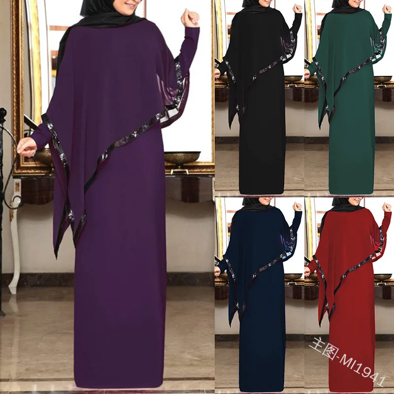 

Muslim Women Abaya Dress Chiffon Summer Full Sleeve Casual New Fashion Shawl Lady Long Maxi Dresses