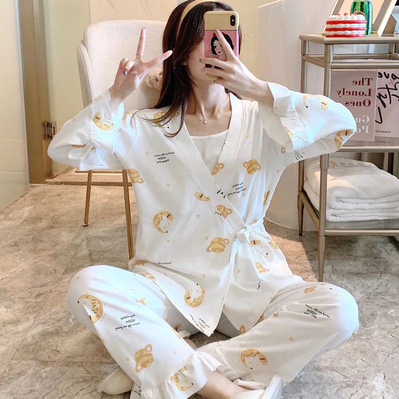 3PCS/Set Printed Cotton Maternity Nursing Pajamas Spring Autumn Breastfeeding Sleepwear Clothes for Pregnant Women Pregnancy Set