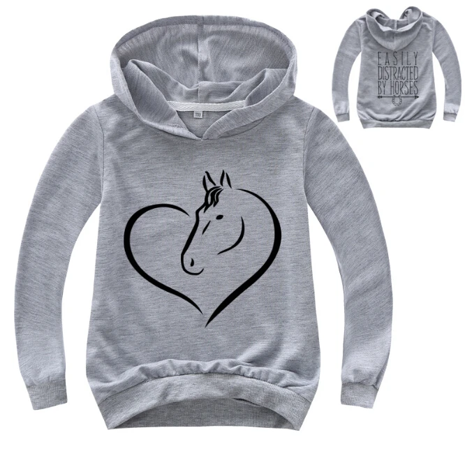 Cavalo de manga comprida infantil impresso Hoodie, moletons, casaco, streetwear, meninos, meninas, roupas infantis, moda, 2-14Y