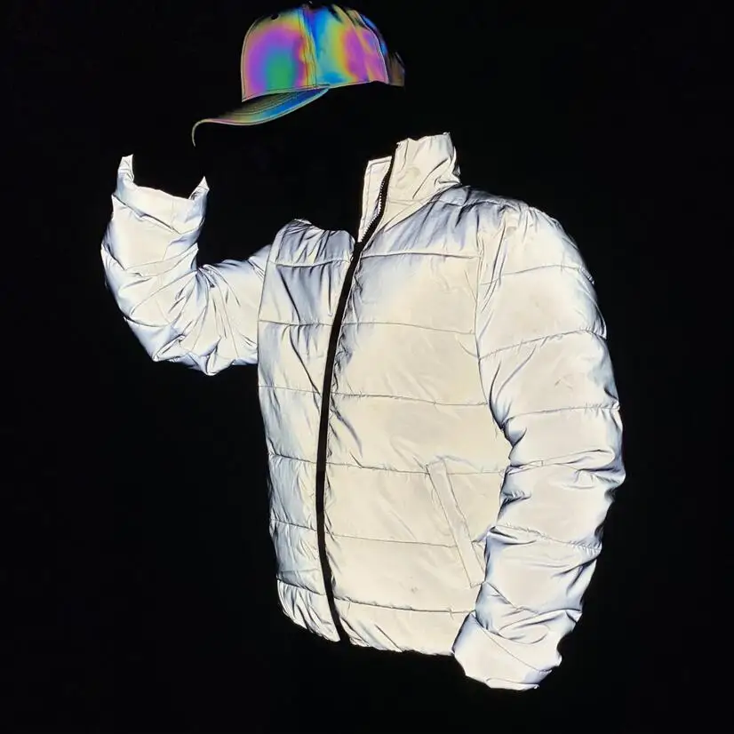 New 2026 Reflective Jacket Men Winter Warm Cotton-Padded Coat Harajuku Street Hip Hop Jackets Night Reflect Light Parka