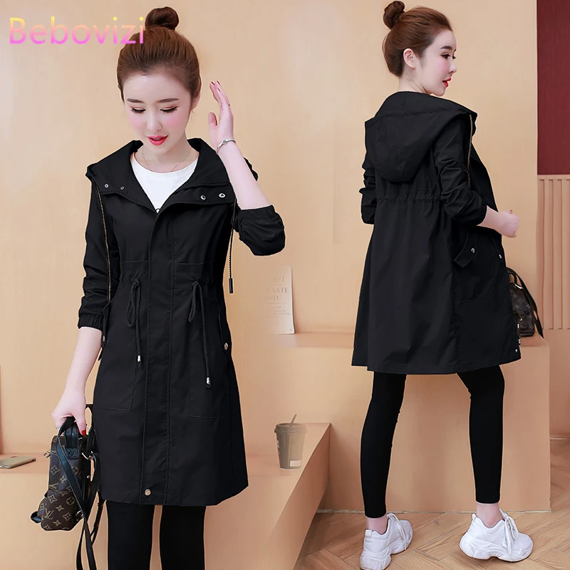 Fashion Korean New 2020 Black Trench Coat for Women Windbreaker Hooded Fall Spring Autumn Casual Loose Outerwear Duster Coats