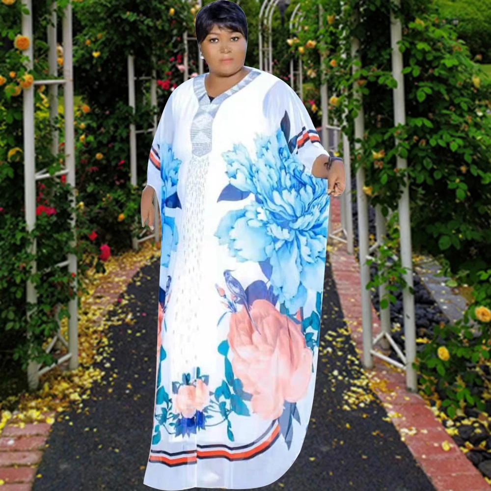 

African Fashion Dresses For Women 2021 Newest Colorful Floral Print V-neck Bat Sleeve Loose Maxi Dress Femme Robe Holiday