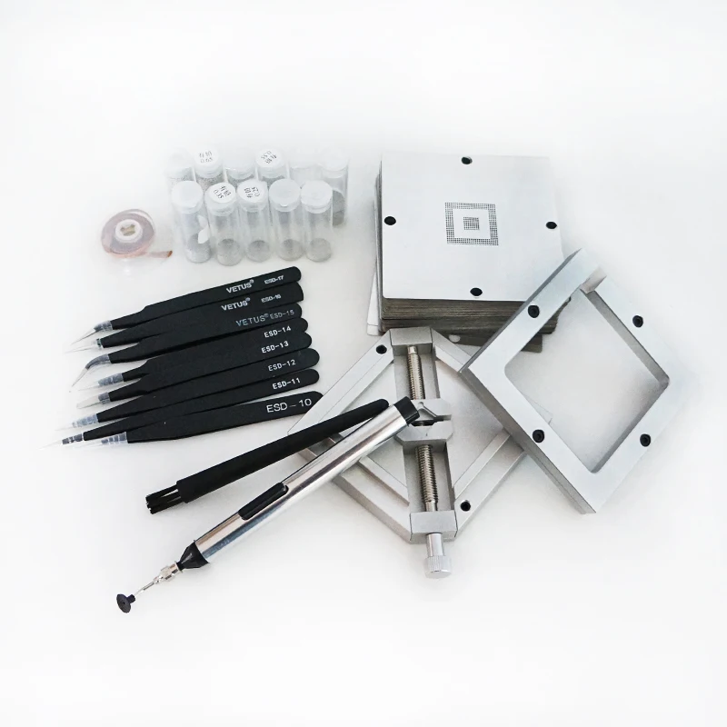 BGA Reballing kIT HT-90 Silvery 362pcs 90MM BGA Stencils Holder Jig 25K Solder ball-PMTC with 8 sets ESD Tweezers