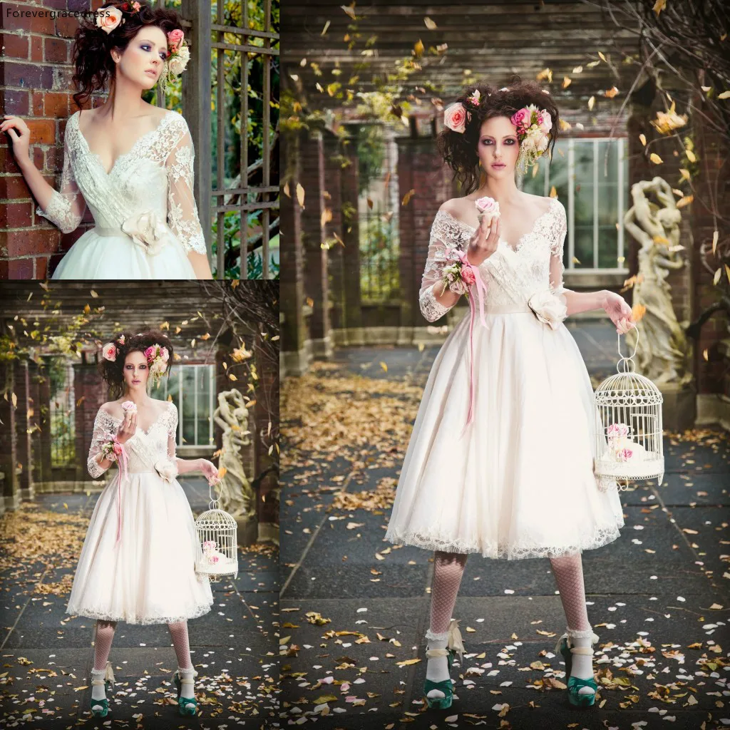 Vintage Tea Length Wedding Dresses With Sleeves Graceful Ivory A Line Lace Reception Bridal Gowns