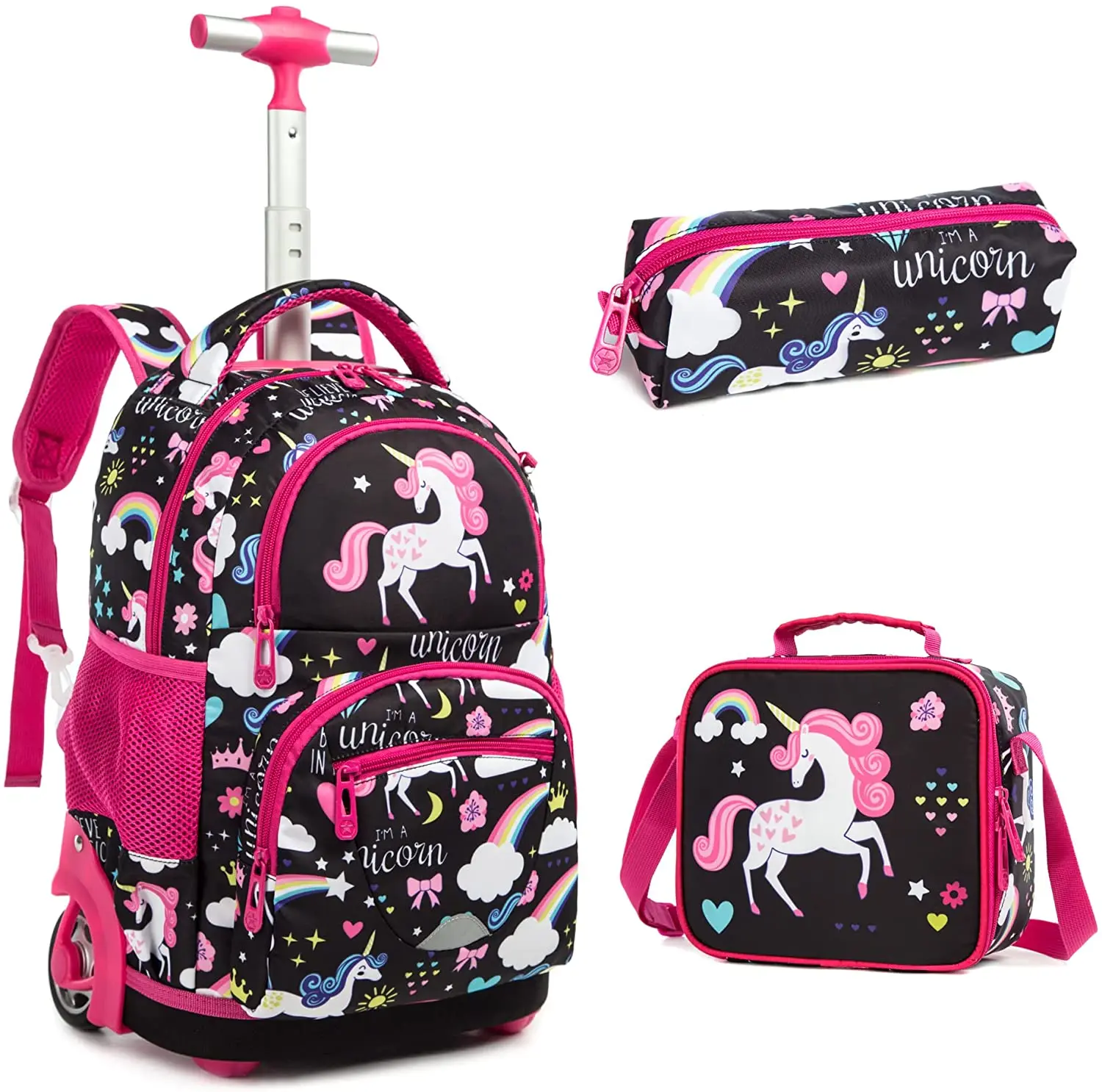 16 Inch School Rolling bag wheeled backpack lunch bag pen bag set schoolbag with wheels student school trolley backpack for girl