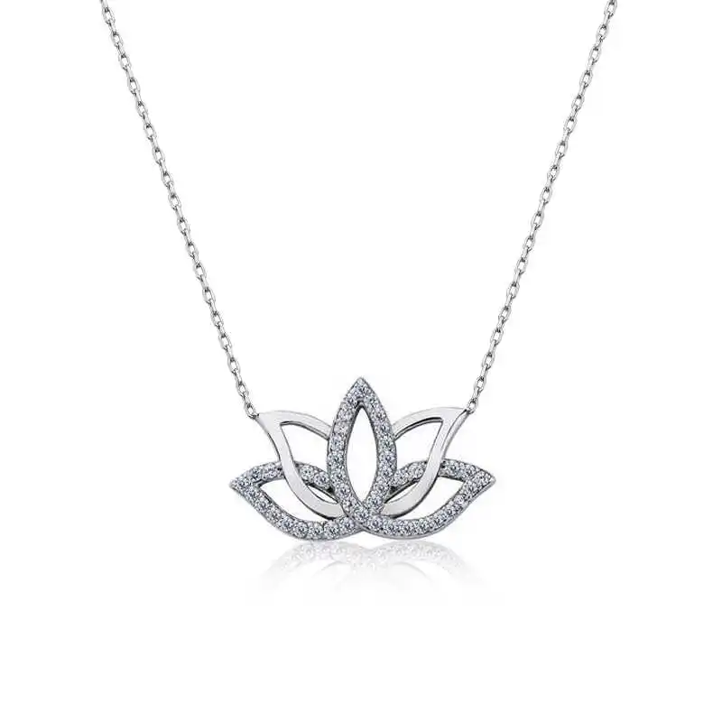 Silver Lotus flower Necklace 925 Sterling Women Fine Jewelry Wedding Party Birthday Gift - Box - for Stone - Pendant - Chain Choker - Female - Ladies - Fashion