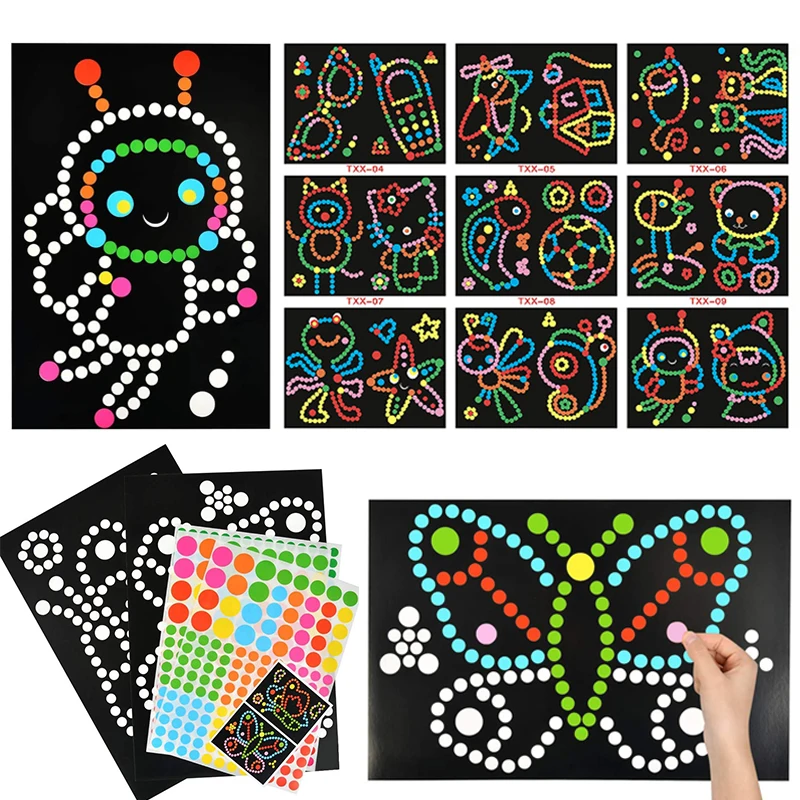 Pegatinas de mosaico de punto primario para niños, pegatinas de rompecabezas de dibujos animados, pegatinas de lunares, juguetes educativos de entrenamiento para niños, DIY