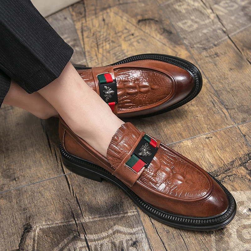Crocodile Leather Brand Luxury Men Casual Office Designer Brown Black Formal Loafers Men\'s Moccasins Italian Wedding Dress Shoes