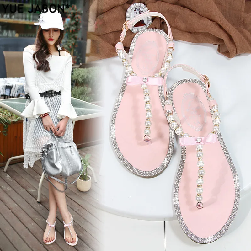 Summer Women Sandals Fashion Sandalias String Bead Flat Heels Buckle Strap Pearl Women\'s Shoes Casual Black Pink Modern Sandals