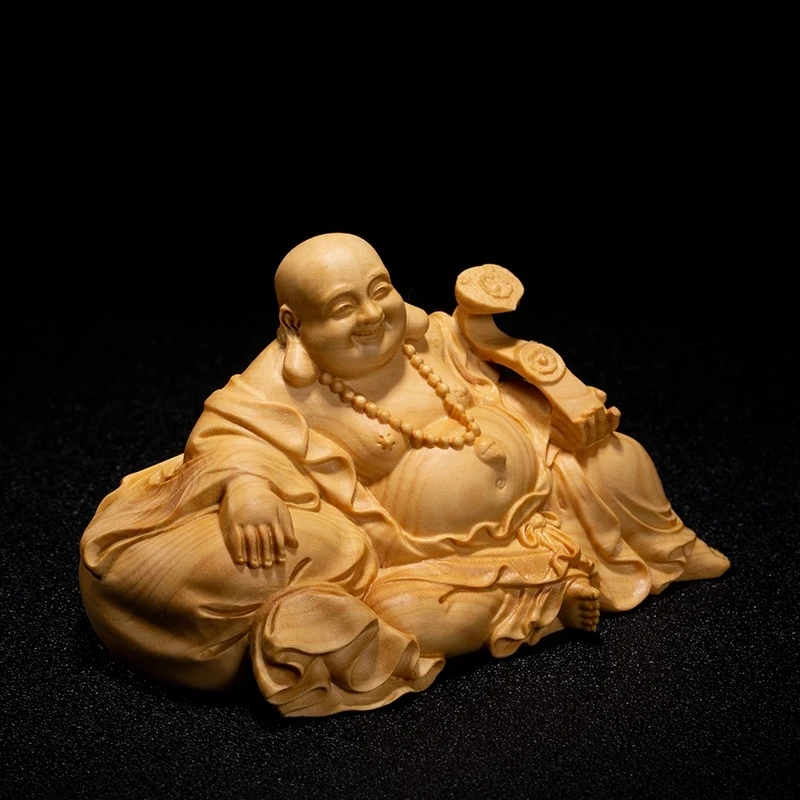 11/14CM Mini Ruyi Maitreya Buddha Statue Wood Gifts Buddha Figures Laughing Buddha Handmade Carved Home Decoration Collection