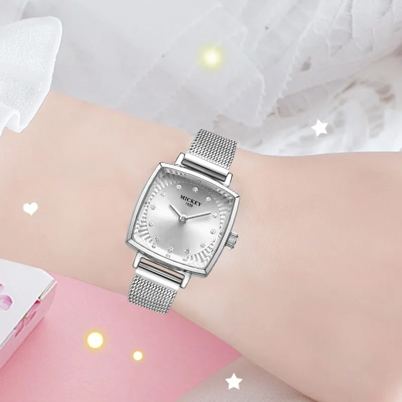 Disney Women Tonneau Dial Japan Quartz Wristwatch Rhinstone Scale Micky Mouse Cartoon Lady Youth Girl Female Lovely Dress Clock