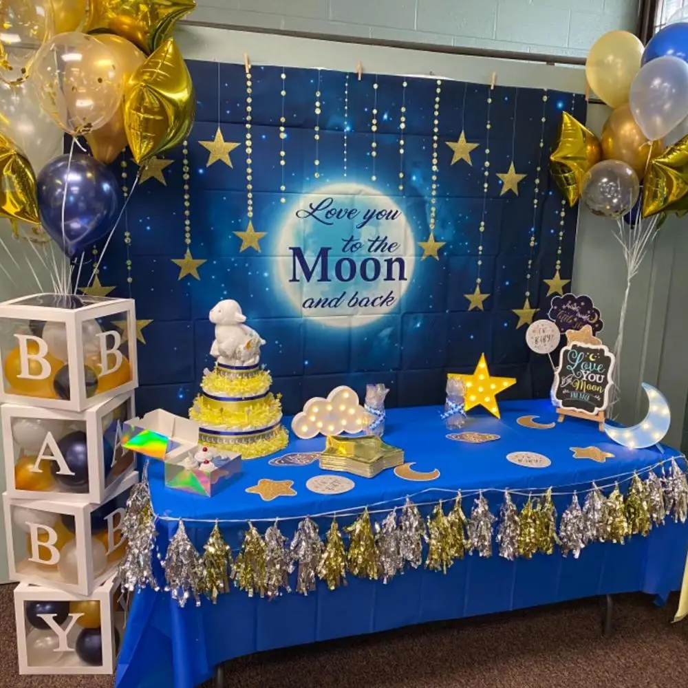 Twinkle Star Baby Dusche Hintergrund Liebe Dich zum Mond und Zurück Baby Dusche Hintergrund Jungen Raum Astronaut Geburtstag Paty decor