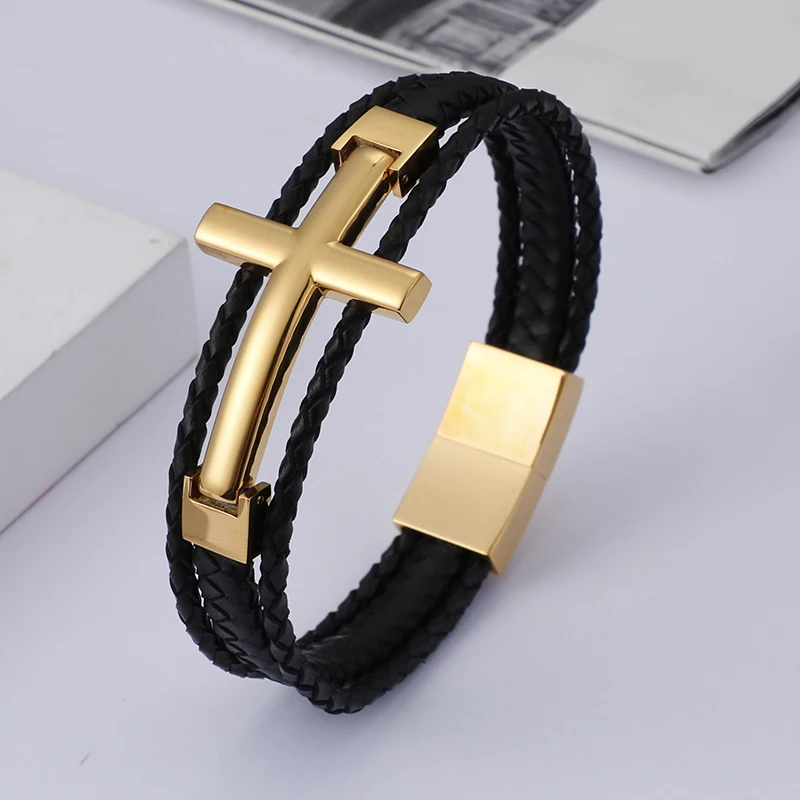 KALEN Triple Layered Cowhide Leather Bracelet Men Stainless Steel 22cm Cross Charm Armband Male Fashion Jewelry 2020