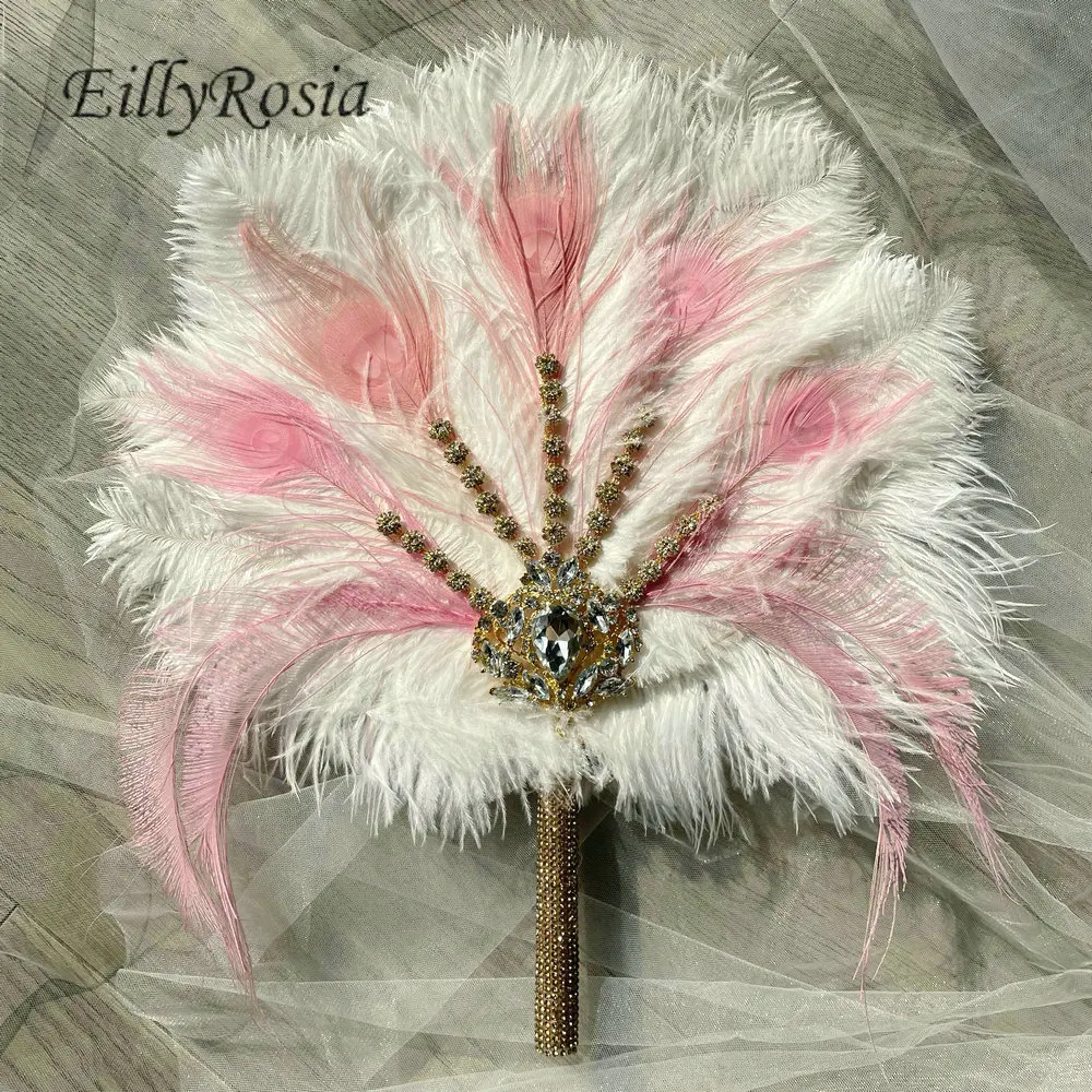 

The Gasby Style 1920's White Pink Bridal Feather Fan Brooch Gold Sparkly Sequined Women's Masquerade Party Ostrich Feather Fan