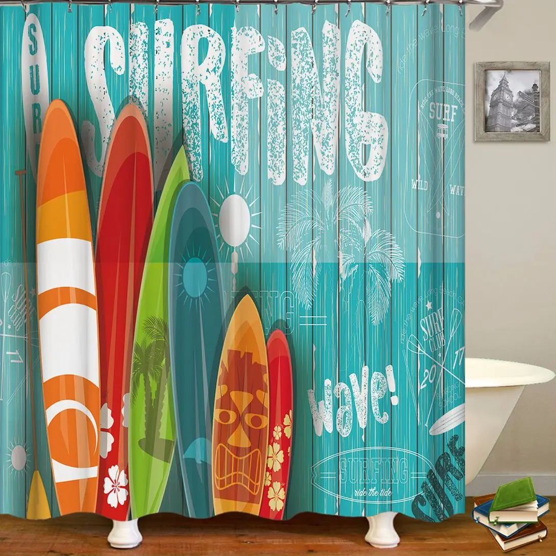 

Sunny Scenery Ocean Sea Surfing 3D Printing Shower Curtain large Size 300x180 Waterproof Polyester Home Decor Curtain With Hooks